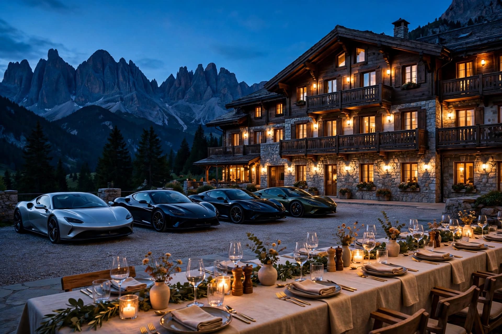 Rally cars at dusk outside an alpine hotel, dinner being set on the terrace (illustrative photo)