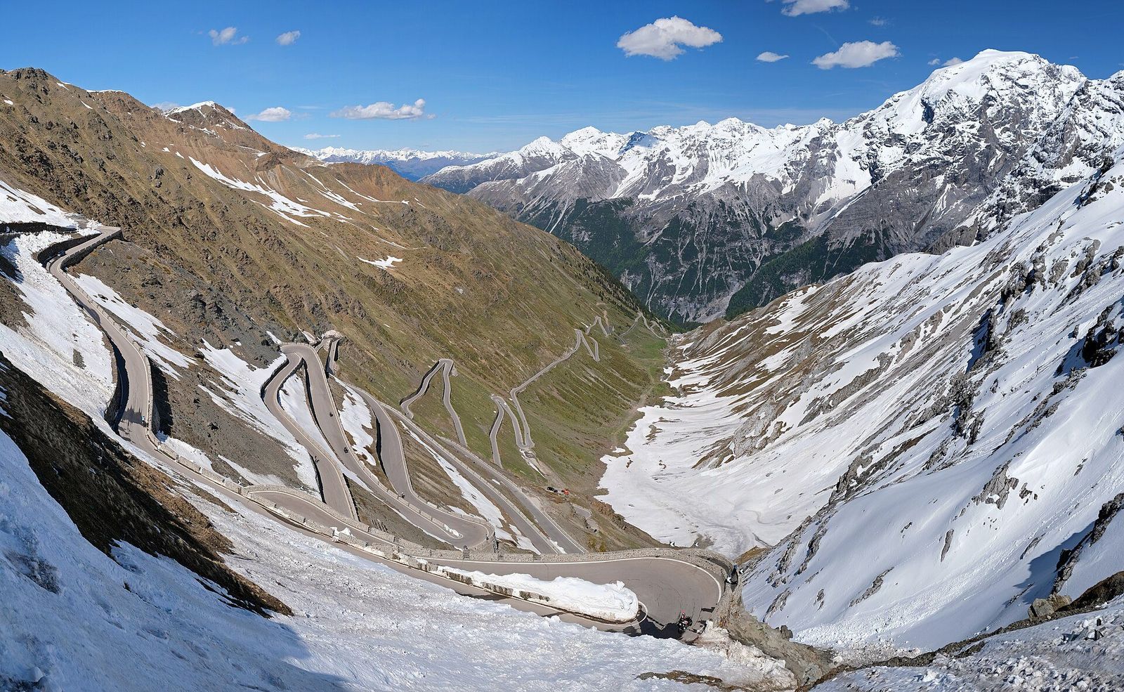 Stelvio Pass — The Stelvio's switchbacks, stacked below the summit